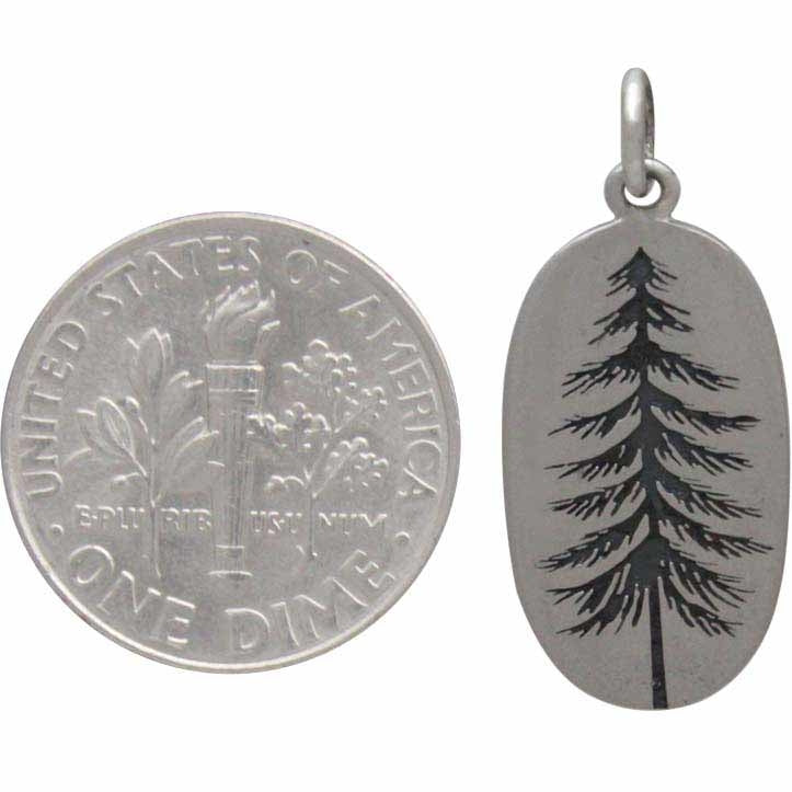 Sterling Silver Pine Tree Charm Etched on an Oval, - Poppies Beads n' More