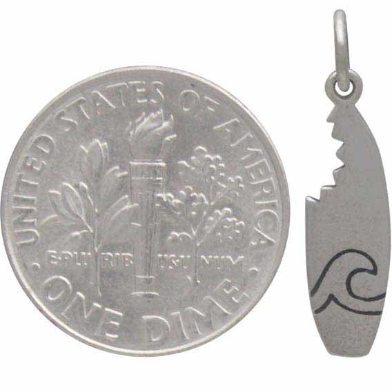 Sterling Silver Surfboard Charm with Shark Bite - Poppies Beads n' More