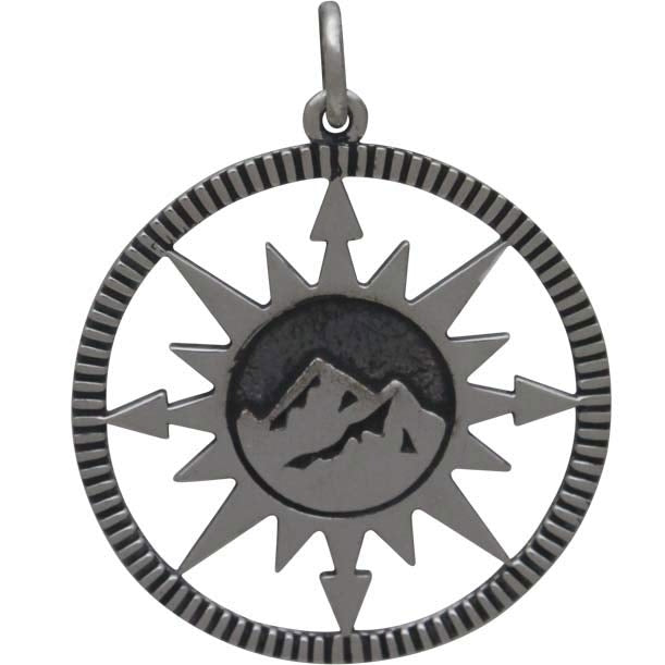 Sterling Silver Compass Pendant with Mountain Center - Poppies Beads n' More
