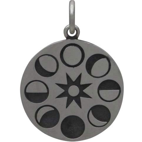 Sterling Silver Moon Phases Pendant on Circle Disk - Poppies Beads n' More