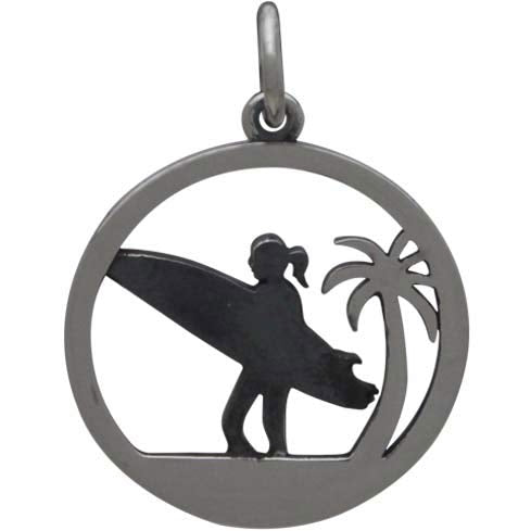 Sterling Silver Surfer Charm with Palm Tree - Poppies Beads n' More