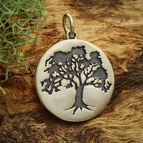 Sterling Silver Etched Oak Tree Charm - Poppies Beads n' More