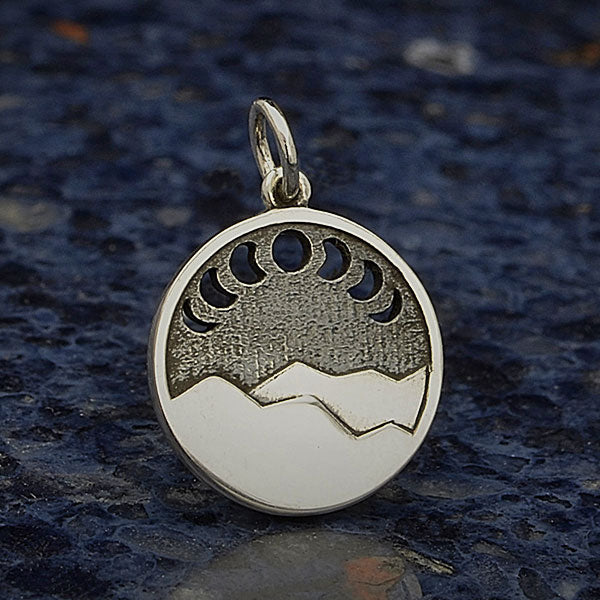 Sterling Silver Mountain Charm w Moon Phase Cutouts - Poppies Beads n' More