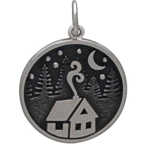 Sterling Silver Cabin Charm with Trees and Moon - Poppies Beads n' More