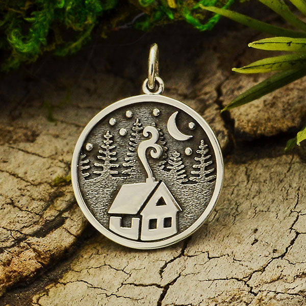Sterling Silver Cabin Charm with Trees and Moon - Poppies Beads n' More