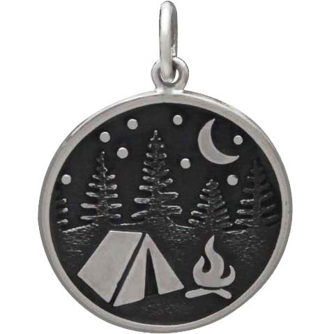 Sterling Silver Camping Charm with Tent and Trees - Poppies Beads n' More