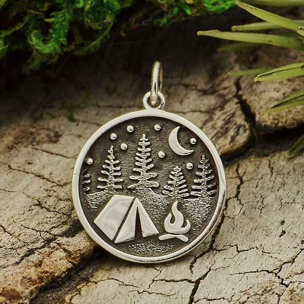Sterling Silver Camping Charm with Tent and Trees - Poppies Beads n' More