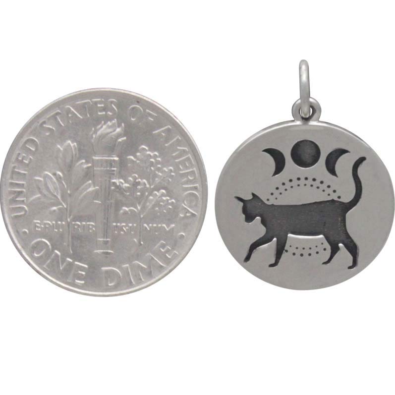 Sterling Silver Black Cat Charm with Moon Phases - Poppies Beads n' More