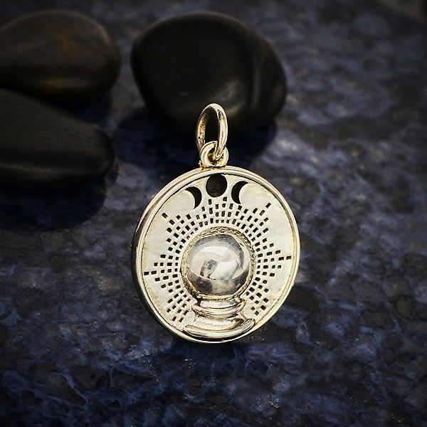 Sterling Silver Crystal Ball Charm with Moon Phases - Poppies Beads n' More