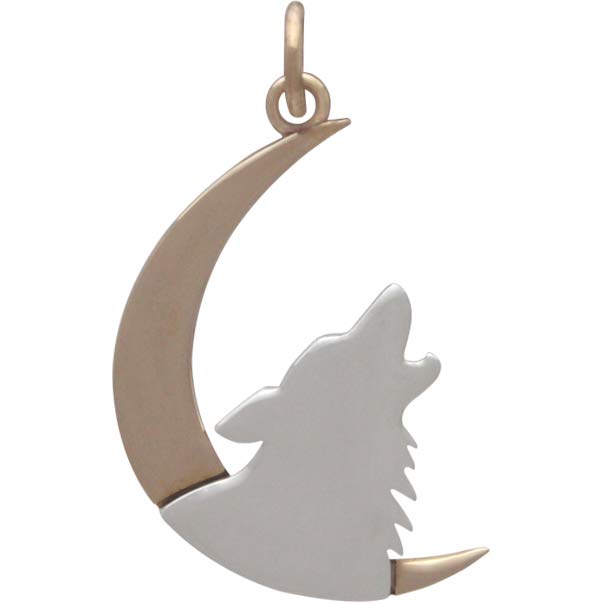 Sterling Silver Howling Wolf Charm with Bronze Moon - Poppies Beads n' More