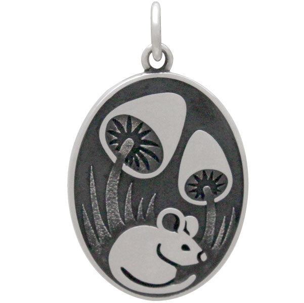 Sterling Silver Silver Mouse Pendant with Mushrooms - Poppies Beads n' More