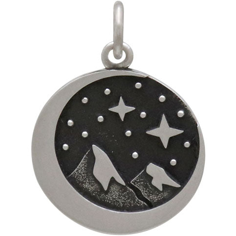 Sterling Silver Snow Cap Mountain Charm with Moon - Poppies Beads n' More