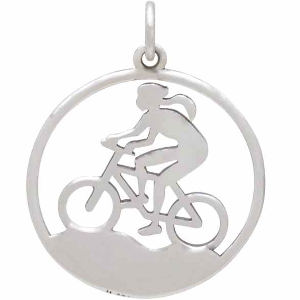 Sterling Silver Mountain Biker Girl Charm - Poppies Beads n' More