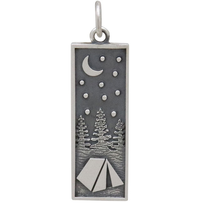 Sterling Silver Rectangle Camping Charm with Tent - Poppies Beads n' More