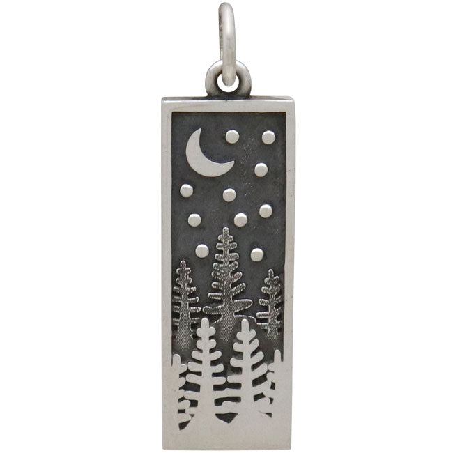 Sterling Silver Rectangle Pine Tree Charm with Moon - Poppies Beads n' More
