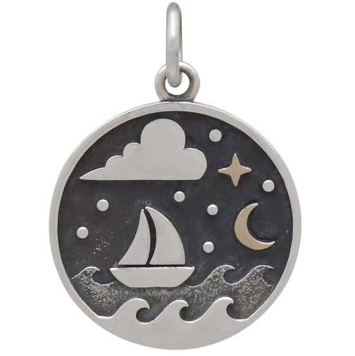 Silver Sailboat Charm with Bronze Star and Moon - Poppies Beads n' More