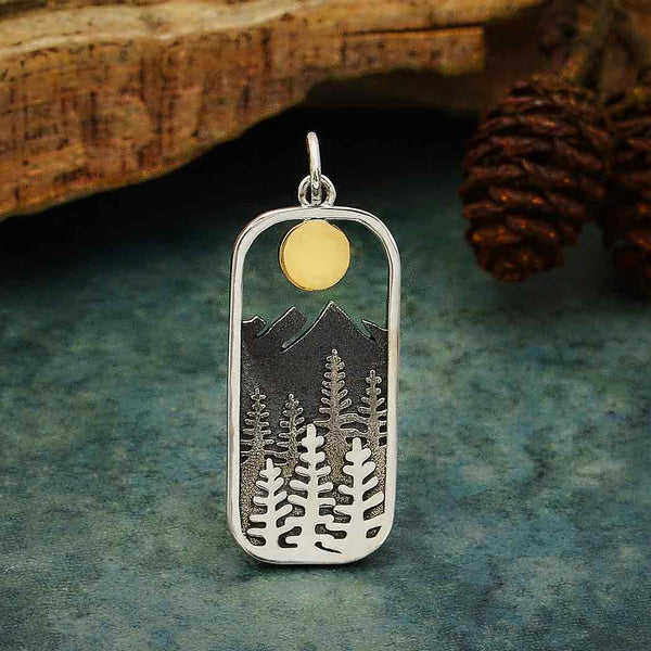 Silver Rectangle Tree Pendant with Bronze Sun - Poppies Beads n' More