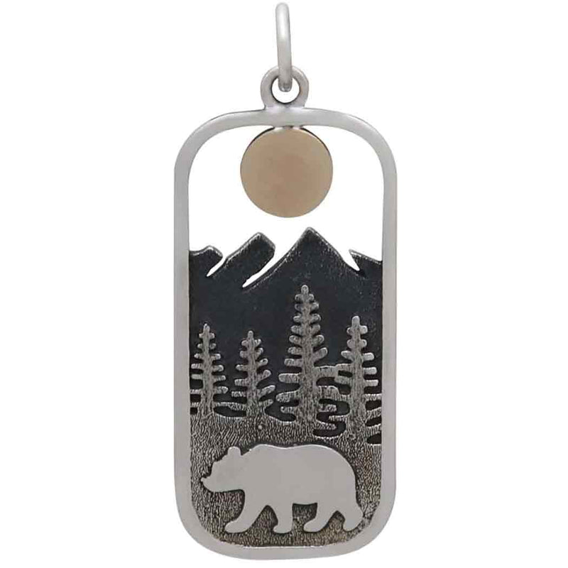 Sterling Silver Rectangle Bear Charm with Bronze Sun - Poppies Beads n' More