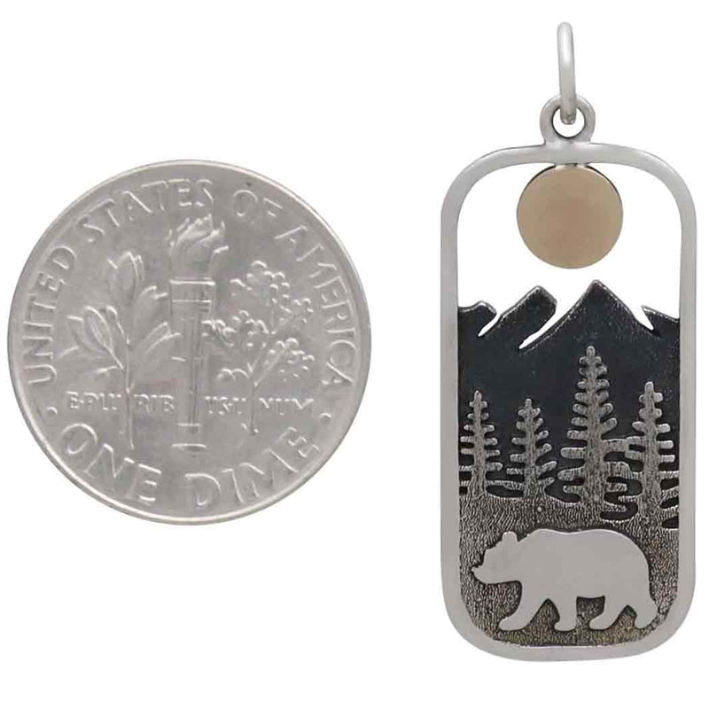 Sterling Silver Rectangle Bear Charm with Bronze Sun - Poppies Beads n' More