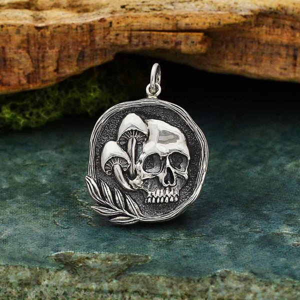 Sterling Silver Skull with Mushrooms Pendant - Poppies Beads n' More