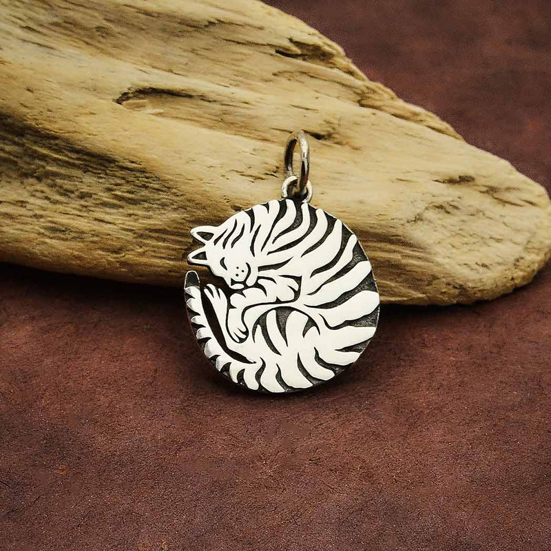Sterling Silver Curled Cat Charm - Poppies Beads n' More