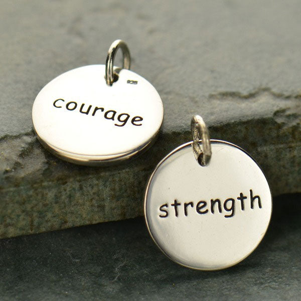 Sterling Silver Round Word Charm - Courage Strength - Poppies Beads n' More