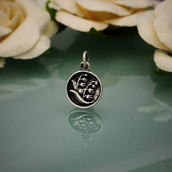 Sterling Silver Small Circle Charm with Etched Flowers - Poppies Beads n' More