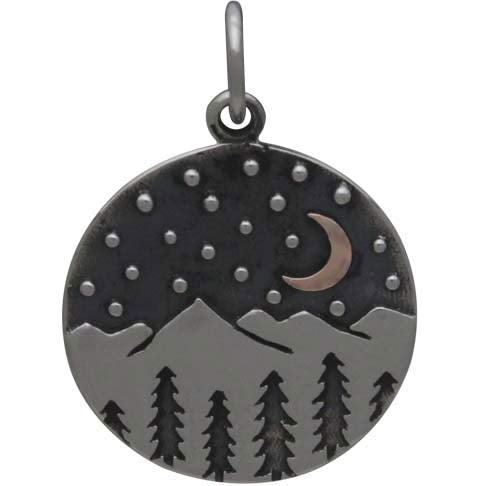 Sterling Silver Mountain Charm with Trees and Bronze Moon - Poppies Beads n' More