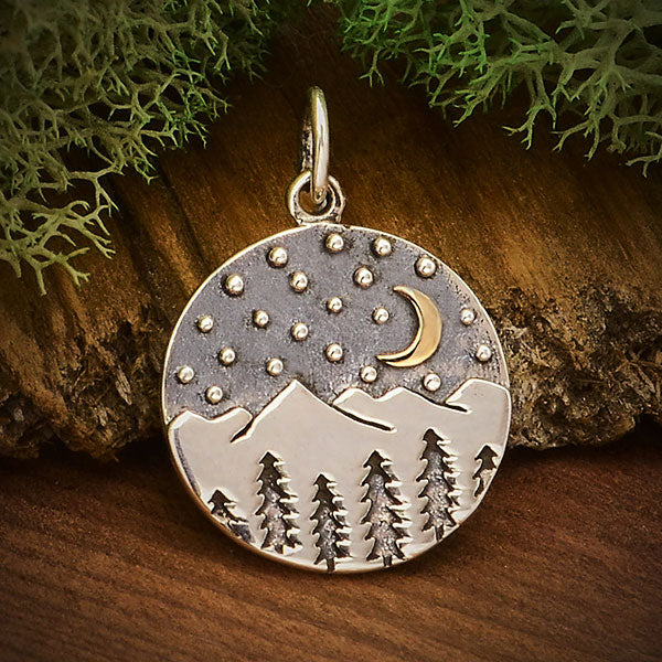 Sterling Silver Mountain Charm with Trees and Bronze Moon - Poppies Beads n' More