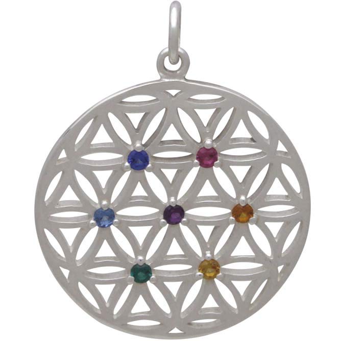 Silver Flower of Life Pendant with Chakra Crystals - Poppies Beads n' More
