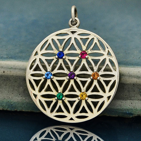 Silver Flower of Life Pendant with Chakra Crystals - Poppies Beads n' More