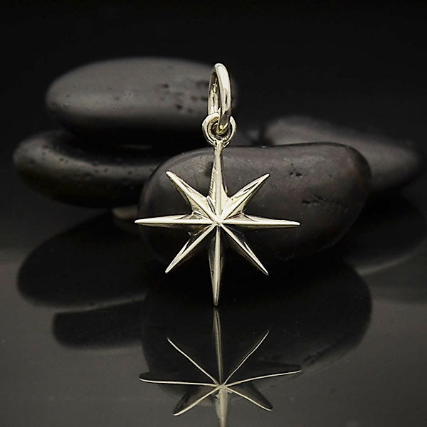 Sterling Silver Ridged Star Burst Charm with 8 Point - Poppies Beads n' More