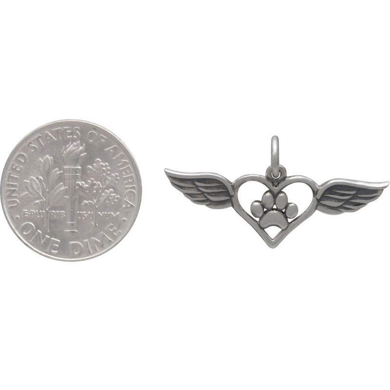 Sterling Silver Paw Print Charm with Heart and Wings - Poppies Beads n' More