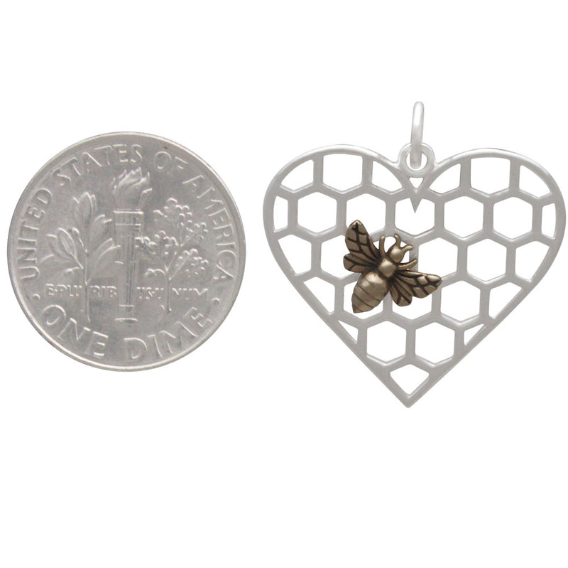 Sterling Silver Honeycomb Heart Pendant with Bronze Bee - Poppies Beads n' More