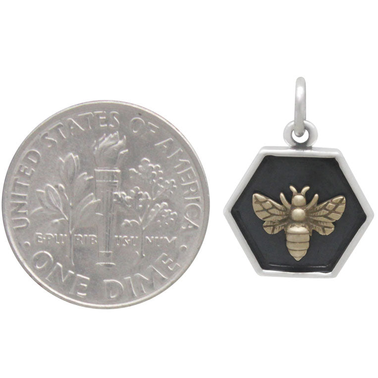 Hexagon Charm with Bronze Bee (3 Finishes) - Poppies Beads n' More
