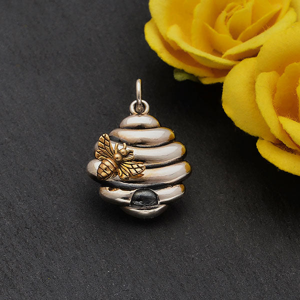Sterling Silver Beehive Charm with Bronze Bee - Poppies Beads n' More