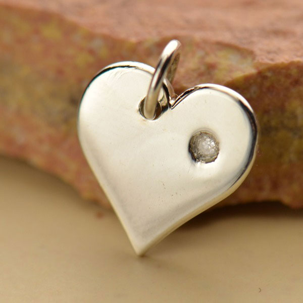 Sterling Silver Heart Charm with Genuine 1 point Diamond - Poppies Beads n' More