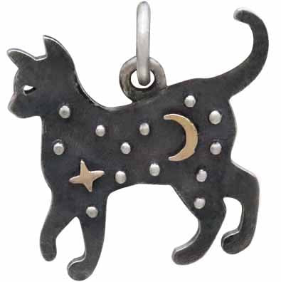 Sterling Silver Cat Charm with Bronze Star and Moon - Poppies Beads n' More