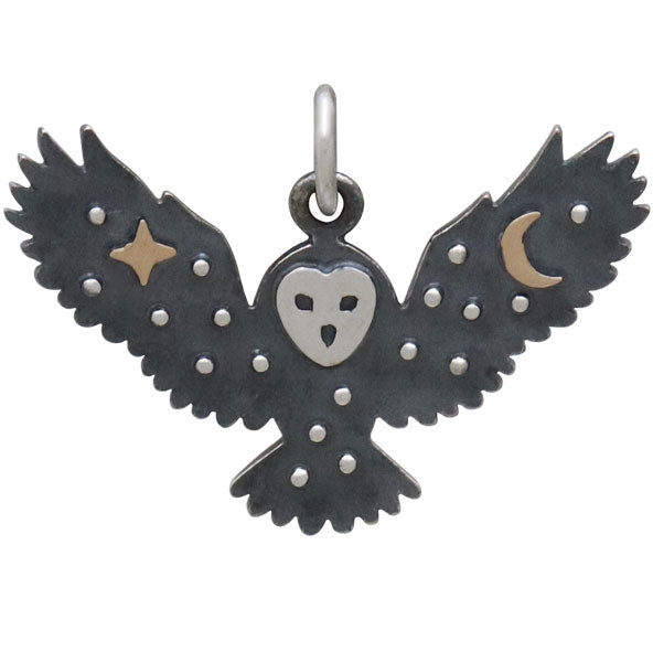 Sterling Silver Owl Charm with Bronze Star and Moon - Poppies Beads n' More