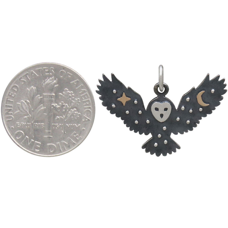 Sterling Silver Owl Charm with Bronze Star and Moon - Poppies Beads n' More