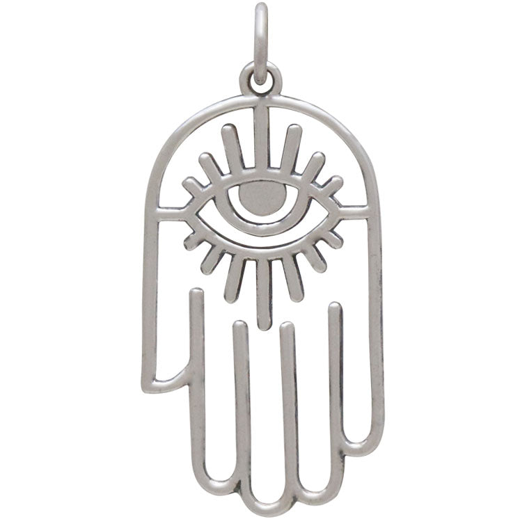 Sterling Silver Hamsa Hand Pendant with Evil Eye - Poppies Beads n' More