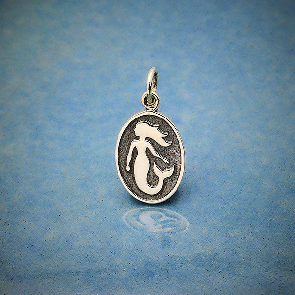 Sterling Silver Mermaid Charm on Oval Disk - Poppies Beads n' More
