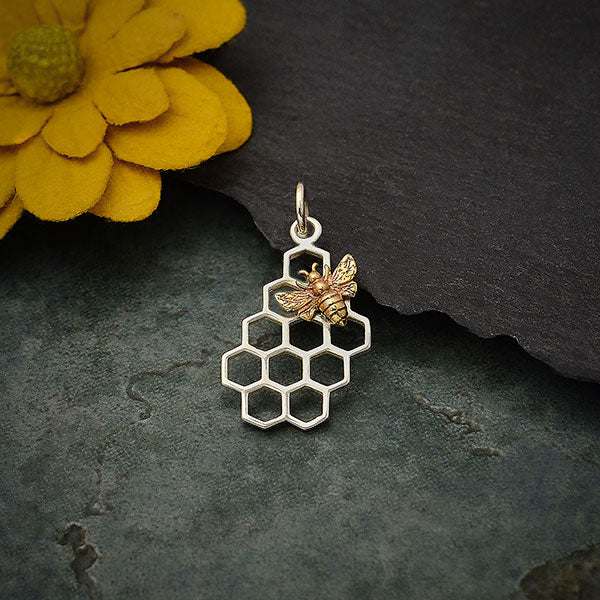 Silver Honeycomb Charm with Bronze Bee - Left Side - Poppies Beads n' More