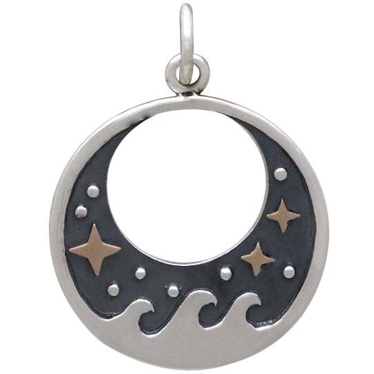 Sterling Silver Wave Charm with Bronze Stars - Poppies Beads n' More