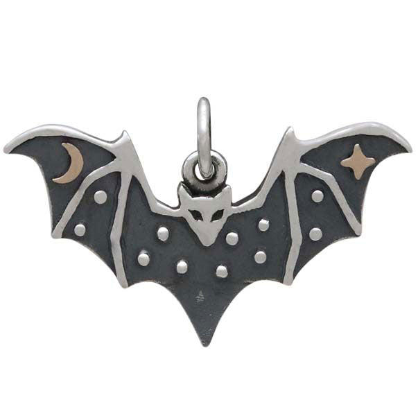 Sterling Silver Bat Charm with Bronze Star and Moon - Poppies Beads n' More