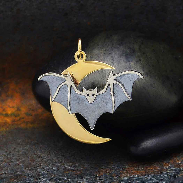 Sterling Silver Layered Bat Charm with Bronze Moon - Poppies Beads n' More