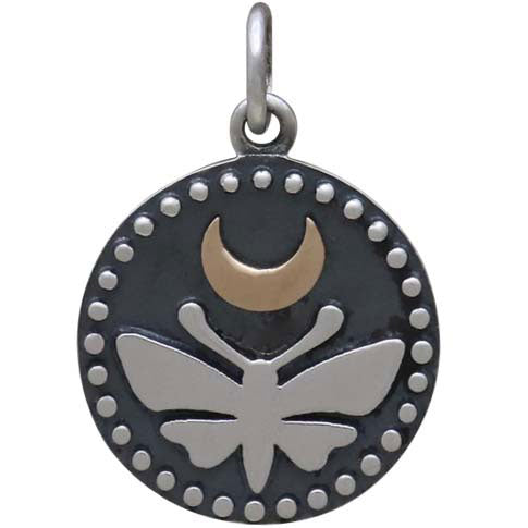 Sterling Silver Moth Charm with Bronze Moon and Dots - Poppies Beads n' More