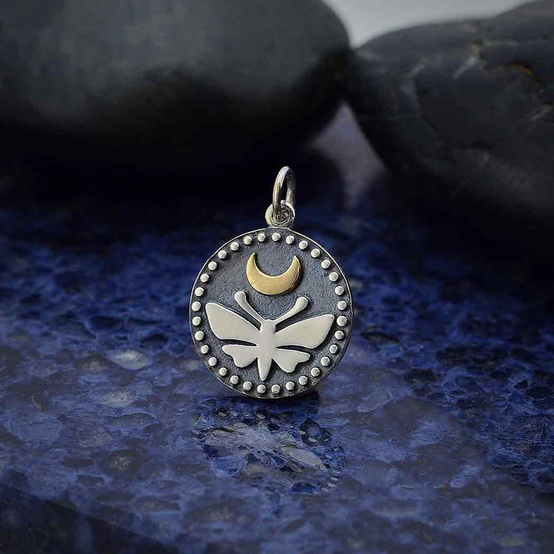 Sterling Silver Moth Charm with Bronze Moon and Dots - Poppies Beads n' More