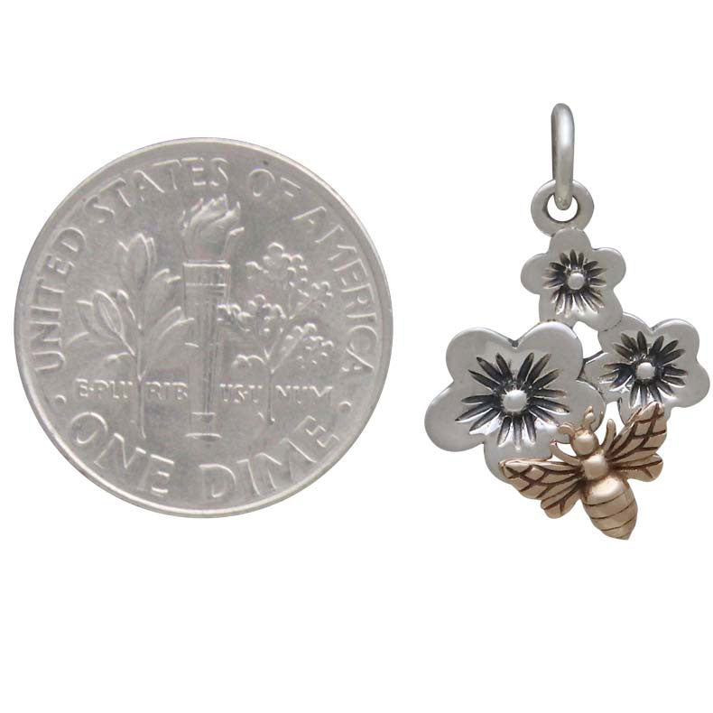 Silver Triple Cherry Blossom Charm with Bronze Bee - Poppies Beads n' More