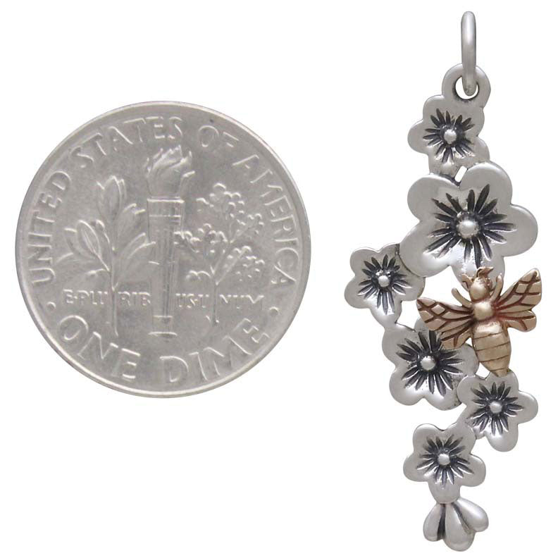 Silver Cherry Blossom Cluster Charm with Bronze Bee - Poppies Beads n' More
